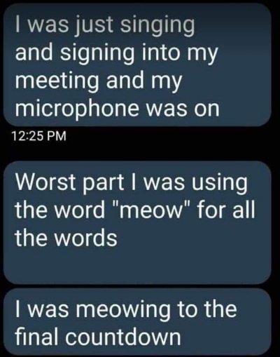 Welp, I guess my coworkers now know I can only communicate through meows, especially to the Final Countdown.