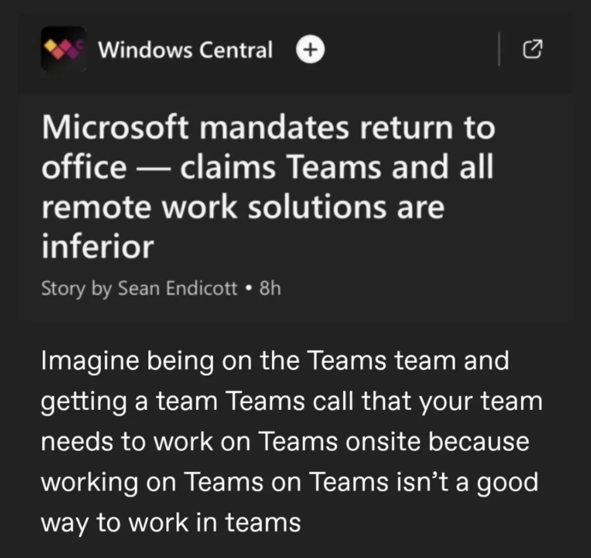 Microsoft: You must return to the office because Teams is bad for remote work, but also, let's have a Teams meeting about it.