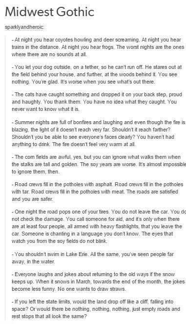 This whole 'Midwest Gothic' vibe is just... wow. Especially the bit about road crews filling potholes with meat.