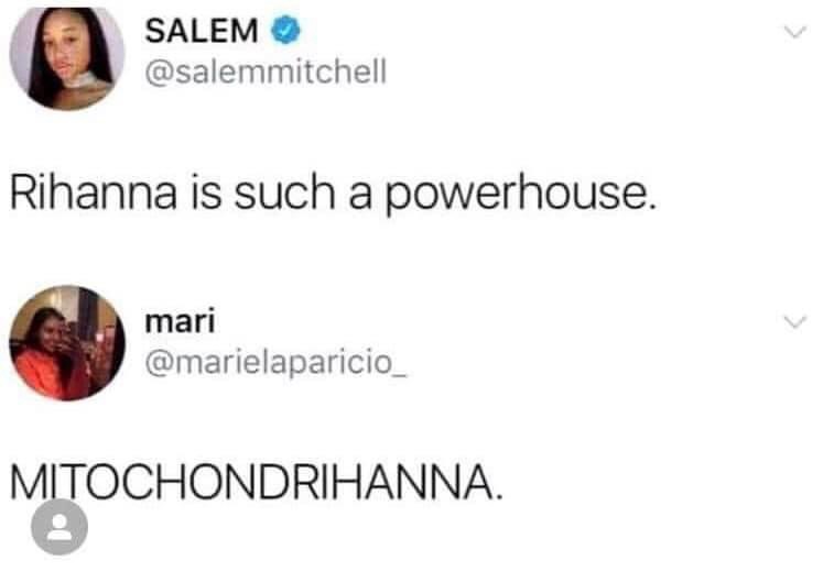 Someone called Rihanna a powerhouse and the reply was Mitochondrial Rihanna, like it's an organelle lol