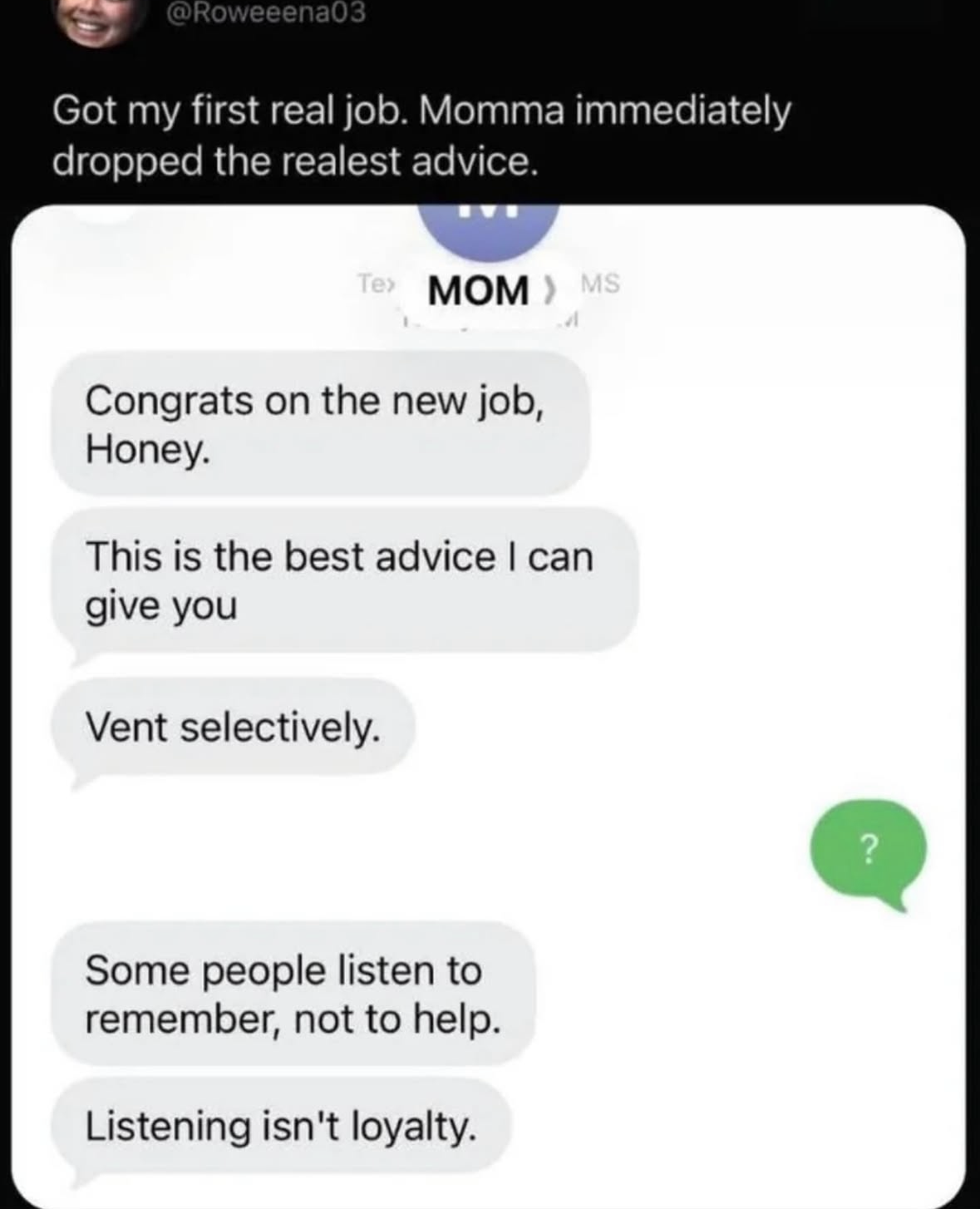 Mom dropping life lessons on how to handle workplace drama
