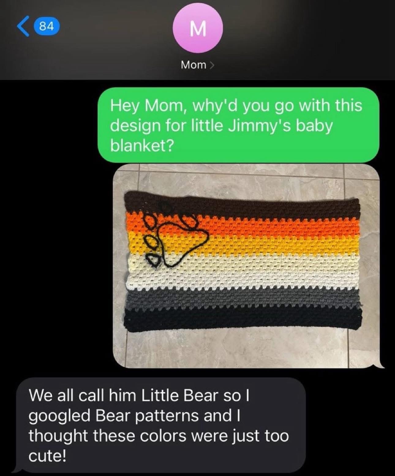 Mom thought the bear flag colors were 'too cute' for a baby blanket. Oops.
