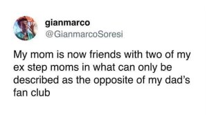 My mom is friends with two of my ex step moms. So basically the opposite of my dad's fan club.