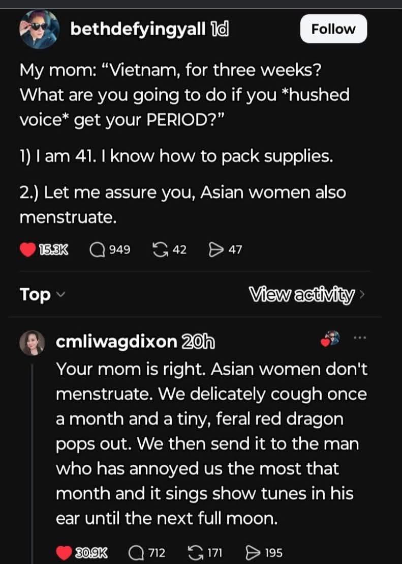 My mom asking about my period while I'm traveling vs. the wild response I'd give