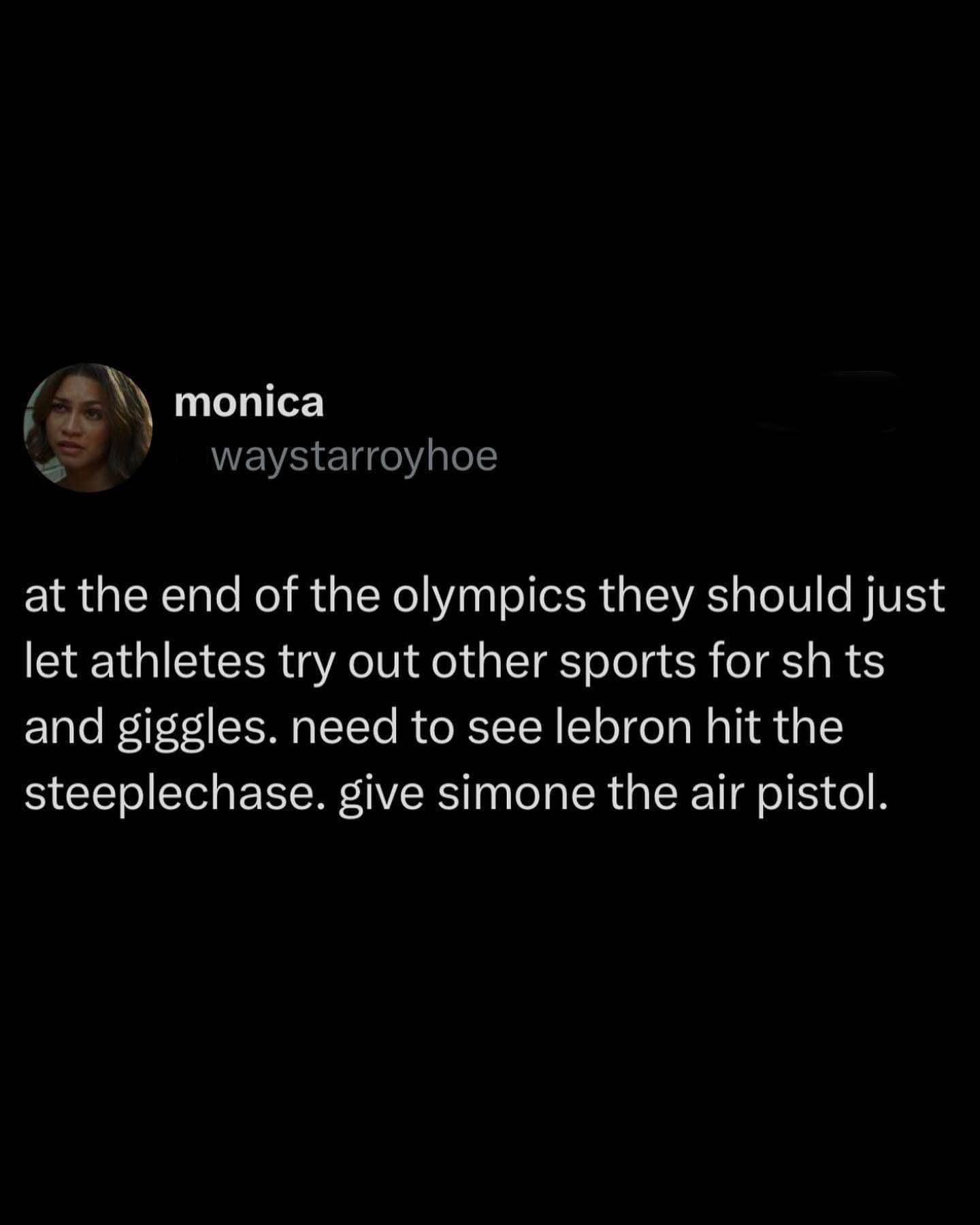 They should seriously let athletes try other sports at the end of the Olympics just for fun, imagine LeBron in the steeplechase.