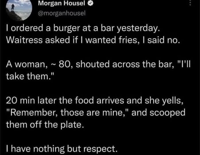 This 80-year-old woman basically stole fries from someone's order at a bar. My hero.