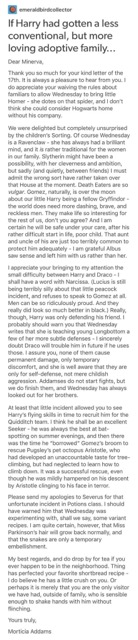 Morticia Addams writing to Minerva McGonagall about Harry Potter joining the Addams Family and his sorting into Gryffindor. Apparently, Wednesday is a Ravenclaw and Draco Malfoy might need self-defense lessons. Also, Gomez is obsessed with Harry, and Aristotle the octopus tried to climb a tree.