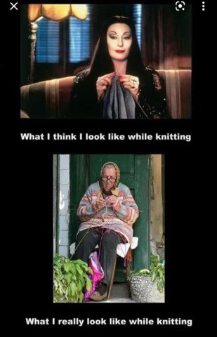 Me thinking I'm Morticia Addams while knitting vs. the reality of me being a grandma on her porch.
