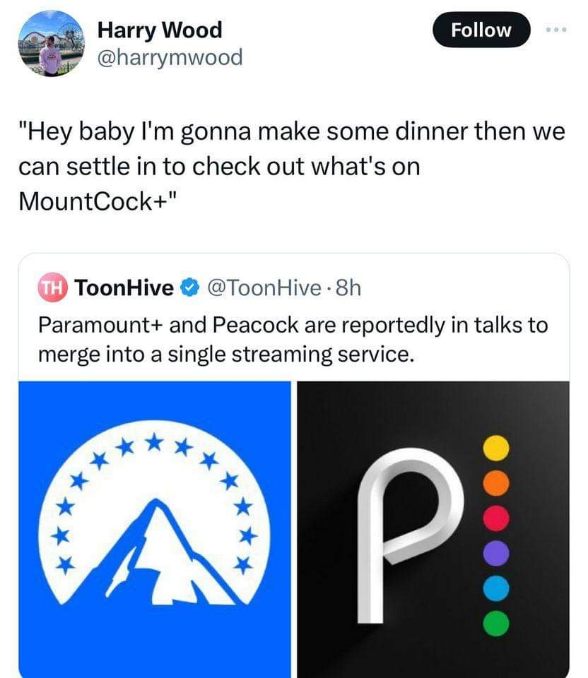Someone's excited about the Paramount+/Peacock merger and renamed it MountCock+