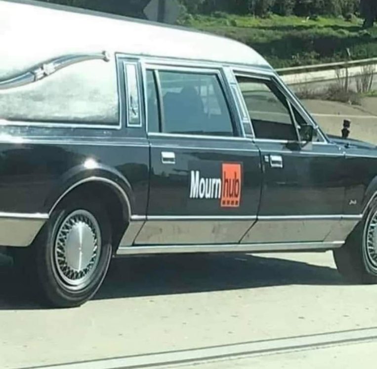 This hearse got a brand new logo that's a little too specific.