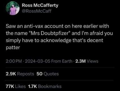 OMG this anti-vaxxer named "Mrs Doubtpfizer" is actually pretty clever