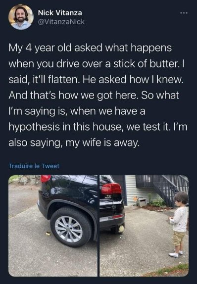 My kid asked what happens to a stick of butter if you drive over it, so we tested it while the wife was away.