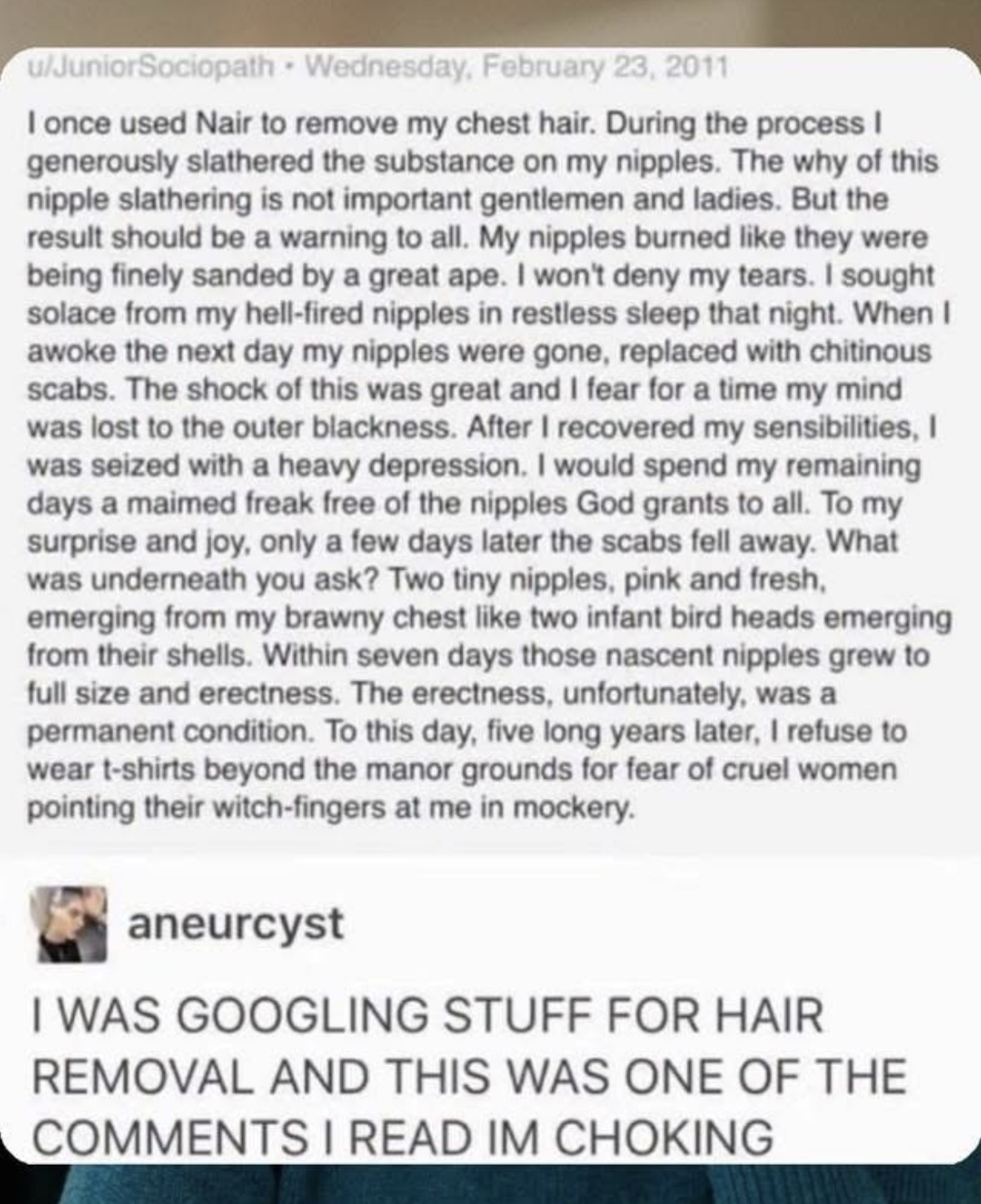 This dude tried Nair on his nipples and it went horribly, hilariously wrong.