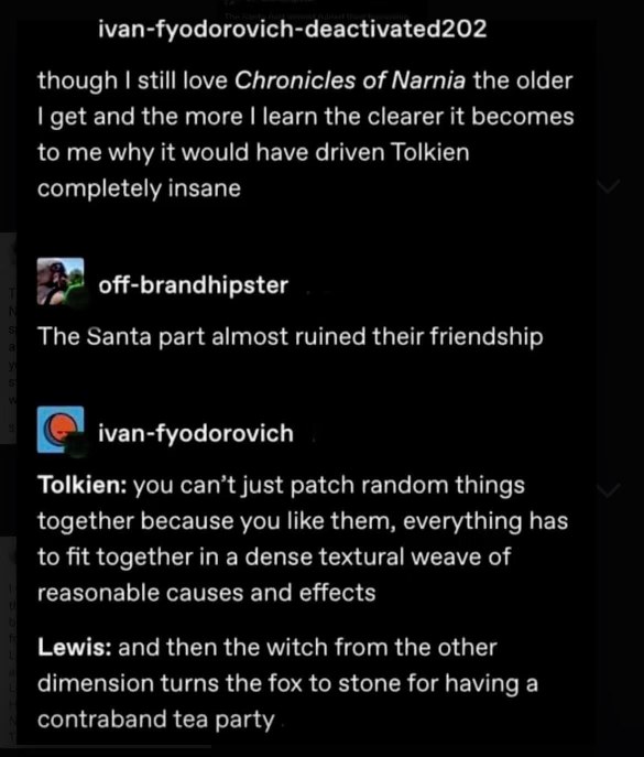 Tolkien's critique of Narnia versus Lewis's wild plot points is so on point