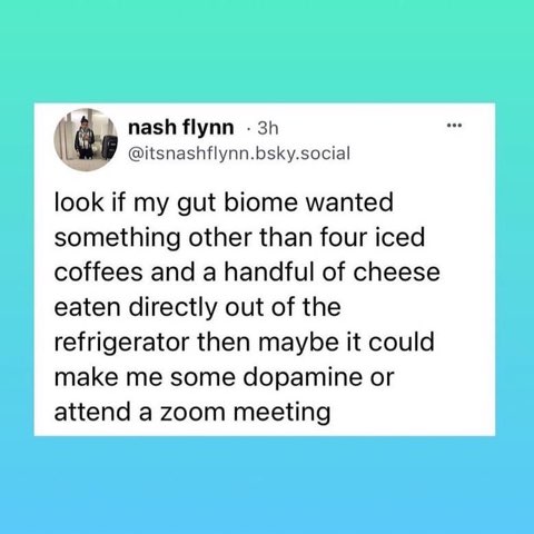 My gut biome is gonna start charging me rent if it keeps demanding iced coffee and fridge cheese