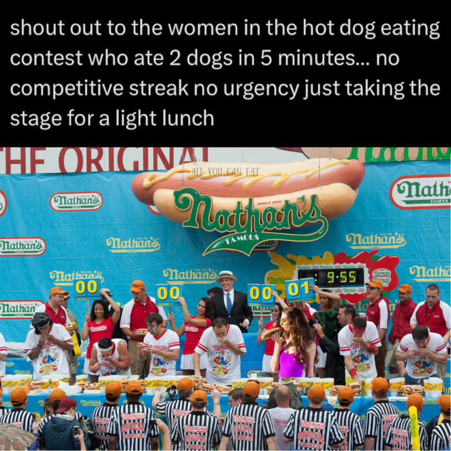 This woman treated the Nathan's Hot Dog Eating Contest like a casual brunch, only eating two dogs while everyone else was going hard.