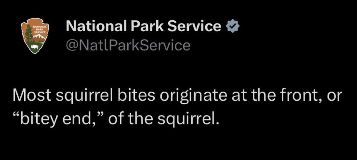 The National Park Service reminding us that squirrels bite with their mouths, not their butts.