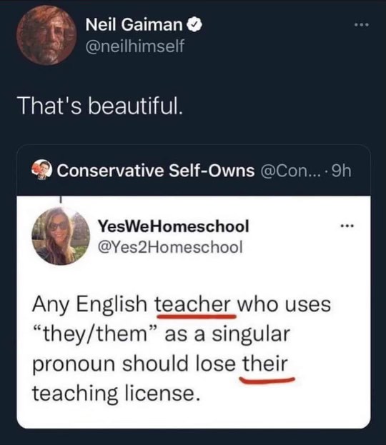 Neil Gaiman finding this tweet about grammar to be 'beautiful' is peak comedy.