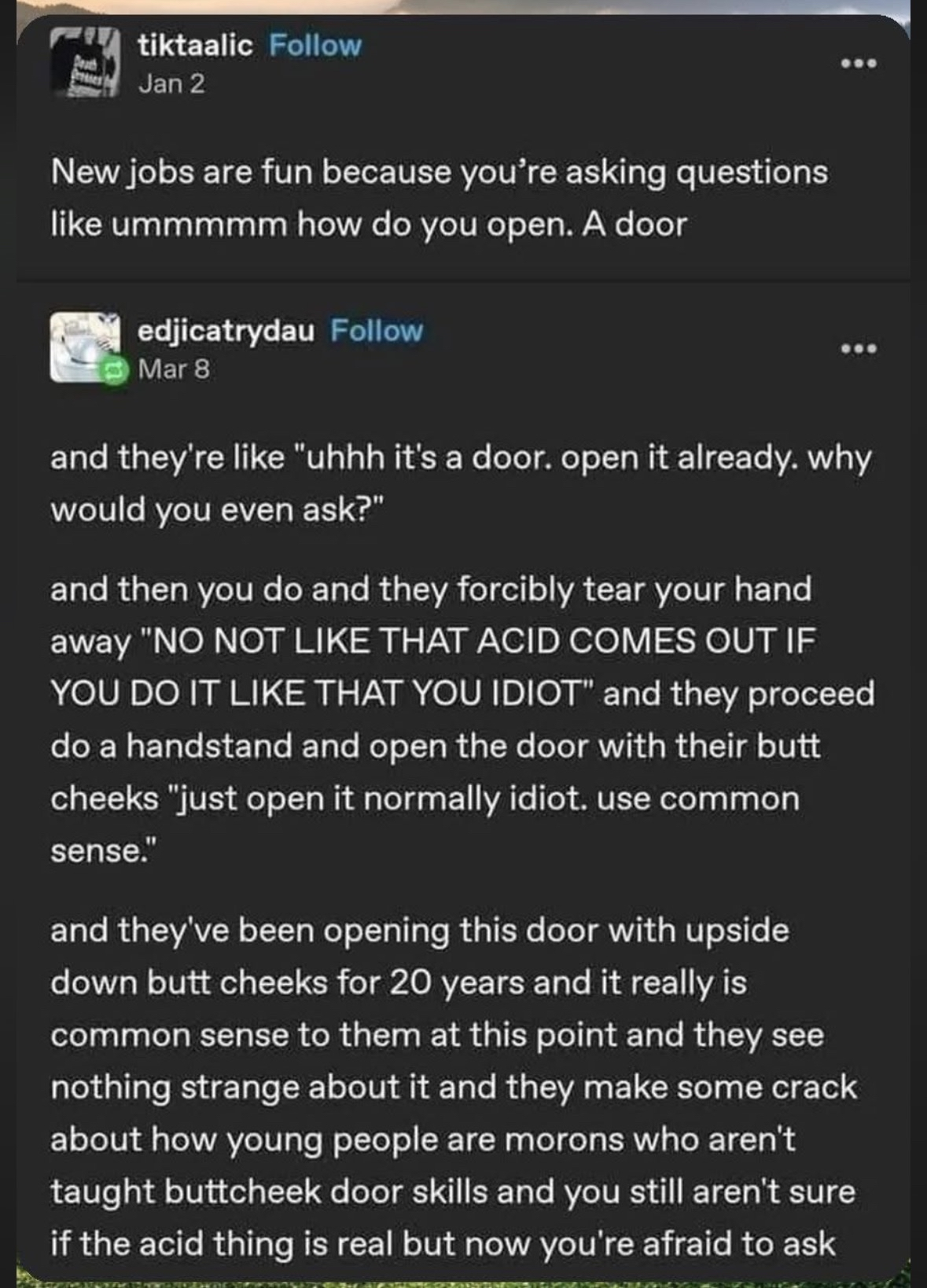 When your new job training involves opening doors with your butt and you're too scared to ask why.