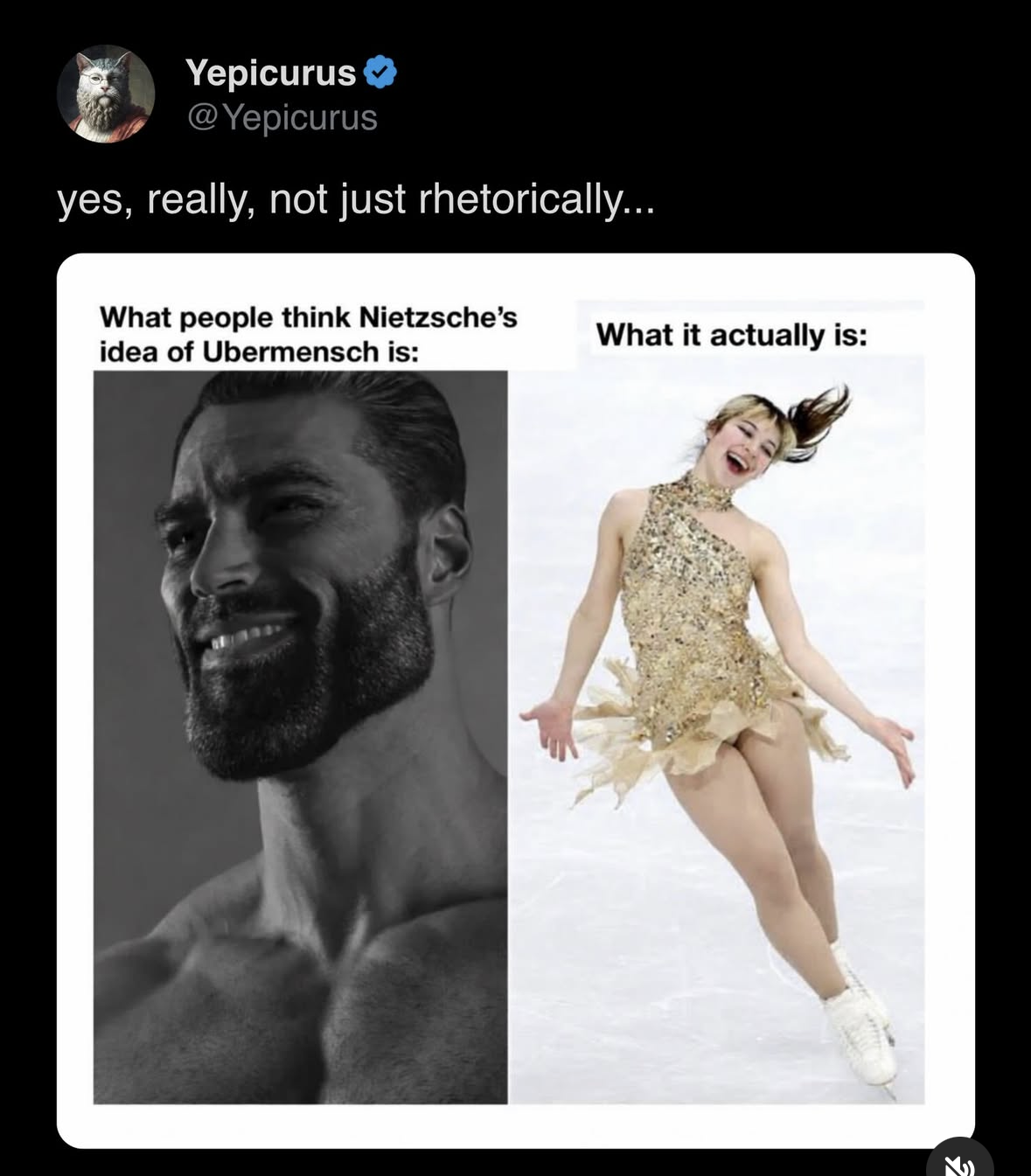 When you think being the 'Ubermensch' means being a Greek god but it's actually just figuring out how to stand on ice skates without falling