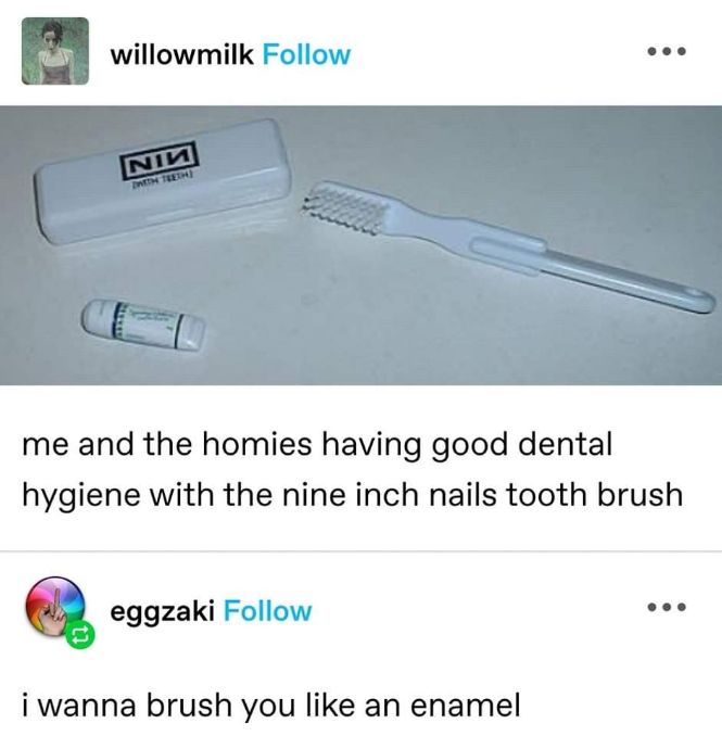 Nine Inch Nails branded toothbrush, because nothing says 'self care' like industrial-goth dental hygiene.