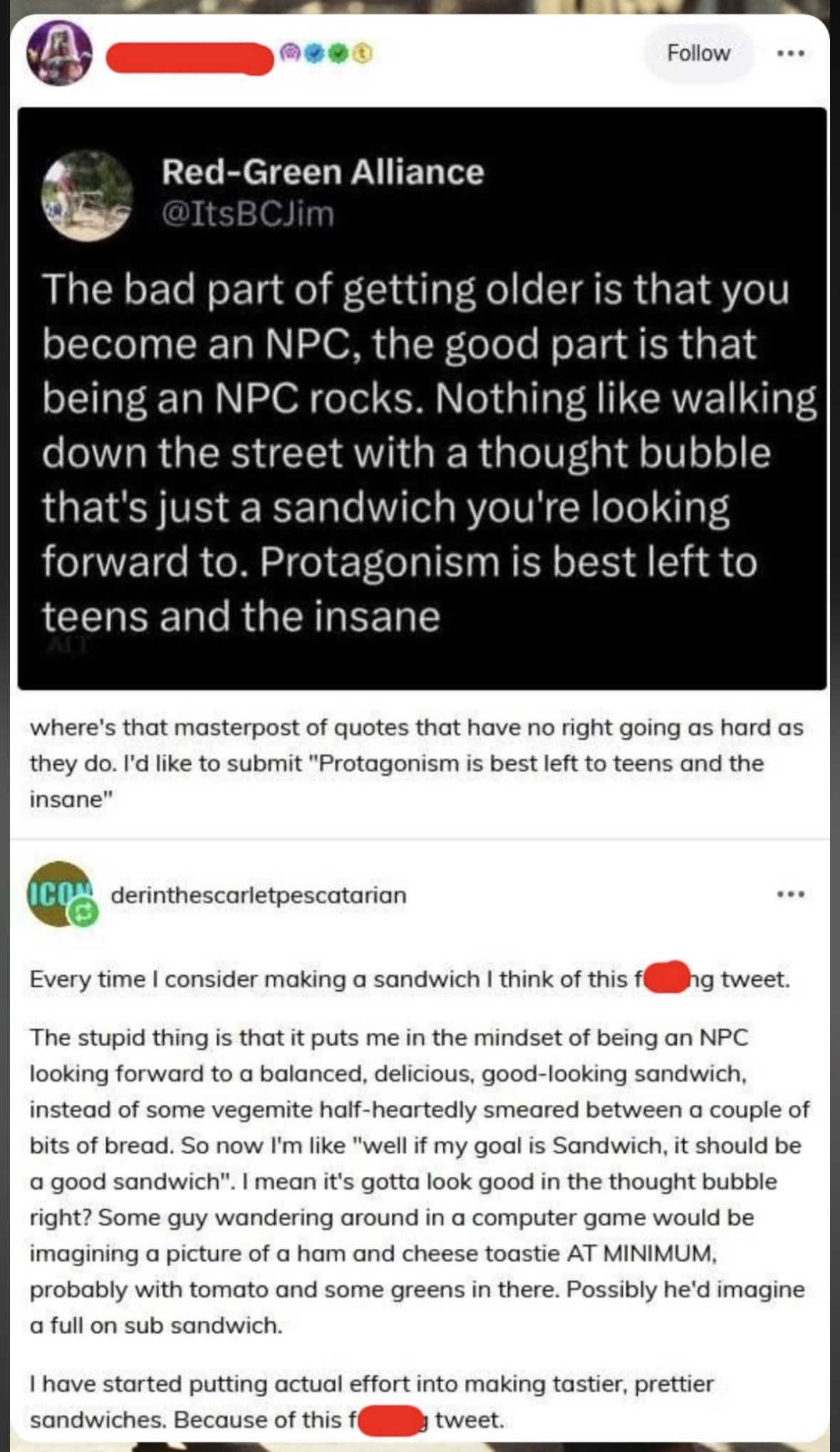 Me trying to make a sandwich and ending up overthinking it because of some tweet about NPCs