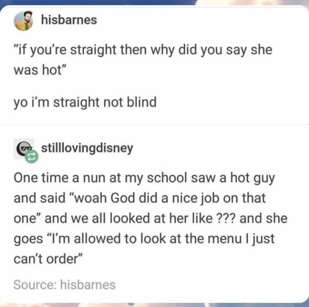 You can look but you can't touch vibes from this nun about a hot guy.
