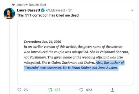 NYT really said Bram Stoker wrote Dracula and then corrected themselves to say Jane Austen wrote it. Oops.