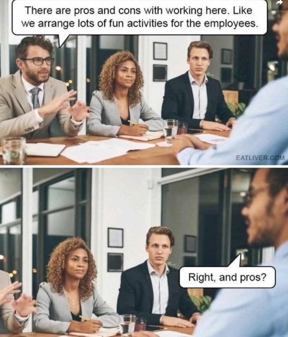 When someone says 'fun activities' are a 'pro' at work and you're like, 'yeah but what about actual pros?'
