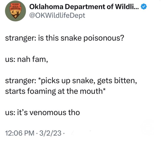 Oops, my bad. Poisonous vs venomous, but also, don't touch random snakes.