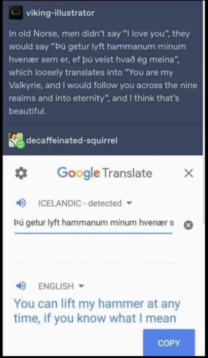 Imagine thinking you're saying something super romantic in Old Norse but Google Translate makes it about lifting THOR'S hammer