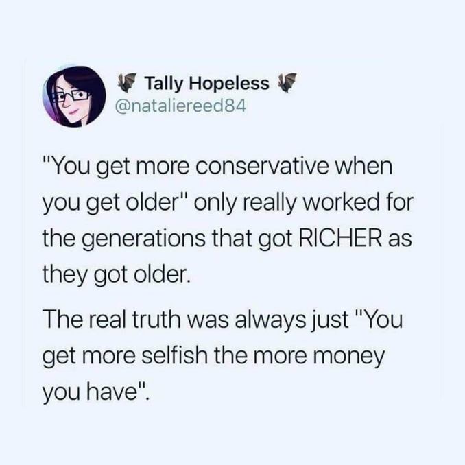 This tweet really explains why older people tend to be more conservative when they inherited wealth or got richer with age.