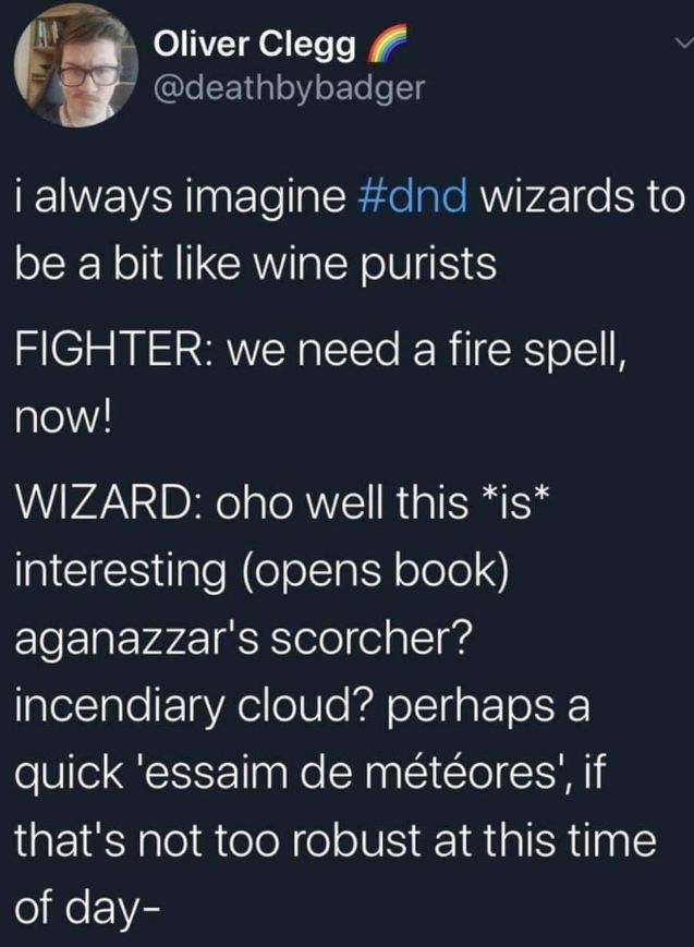 When the fighter needs a fire spell NOW but the wizard is too busy being a wine snob about magical academia