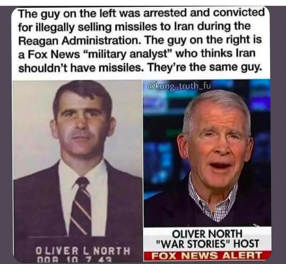 So the guy who sold missiles to Iran is now a Fox News host talking about how Iran shouldn't have missiles? Wild.