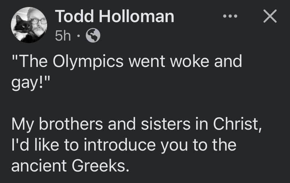 lol someone complained about the Olympics being woke and gay so this dude reminded them about ancient Greece