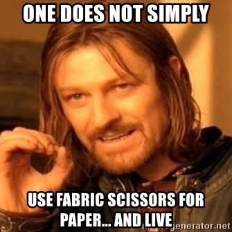 Boromir from Lord of the Rings saying you can't just use fabric scissors for paper and live