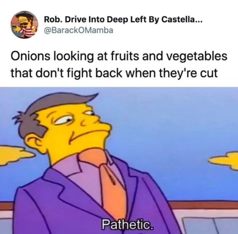 Onions are basically the only vegetable that makes you cry before you make them cry. So pathetic other veggies just accept their fate.