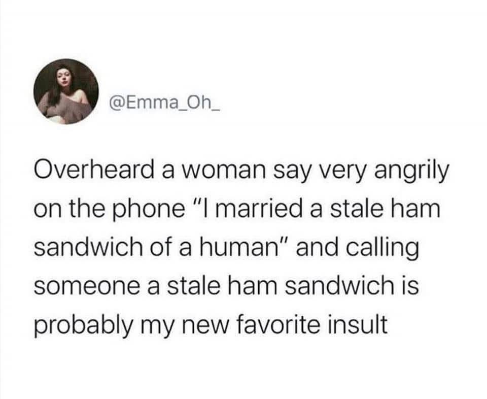 This woman calling her husband a 'stale ham sandwich of a human' is the most creative insult I've heard all year.