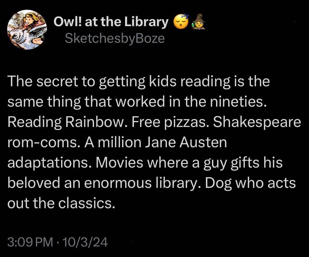 Lol, apparently all it takes to get kids reading is free pizza and Shakespeare rom-coms.
