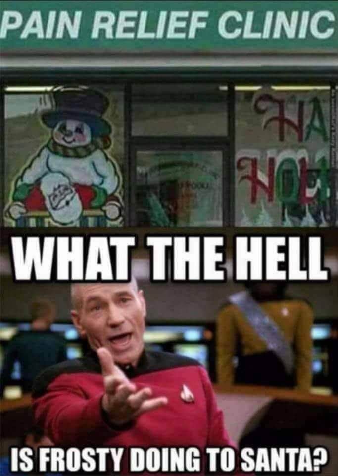 When you see the Christmas decorations a little too early and realize Frosty might be up to something with Santa.