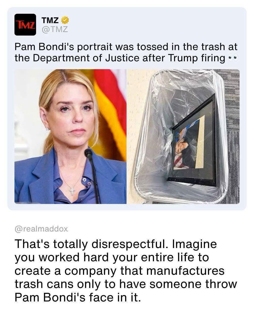 People are weirdly mad about Pam Bondi's portrait in the trash, but think about the trash can company owner