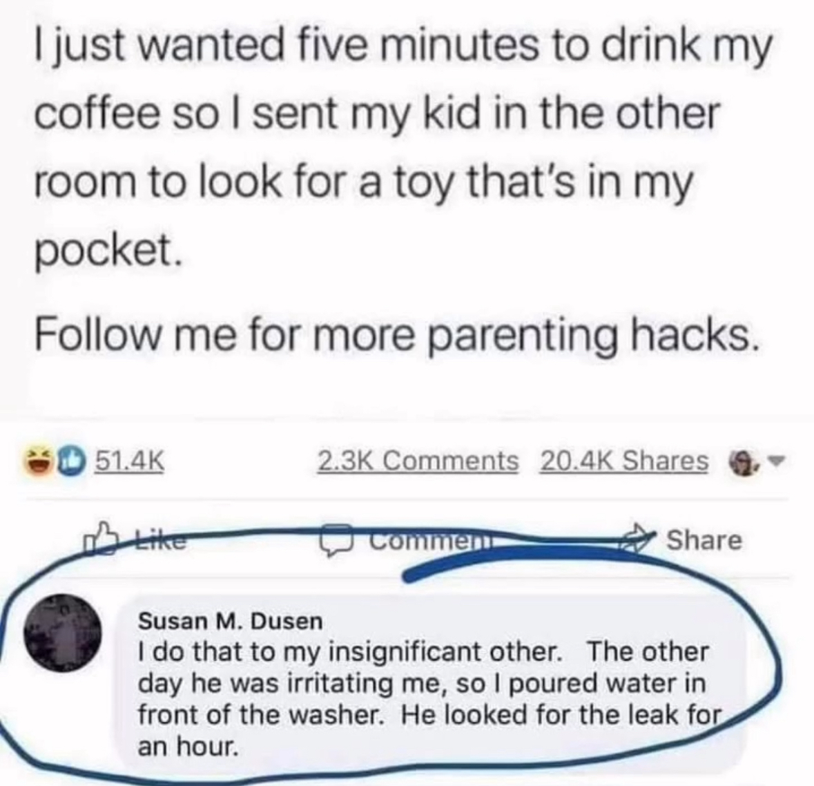 Parenting hack: pretend your kid's toy is lost in another room... or prank your spouse like this woman did.