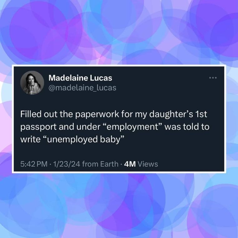 My daughter's first job is 'unemployed baby' on her passport application lol