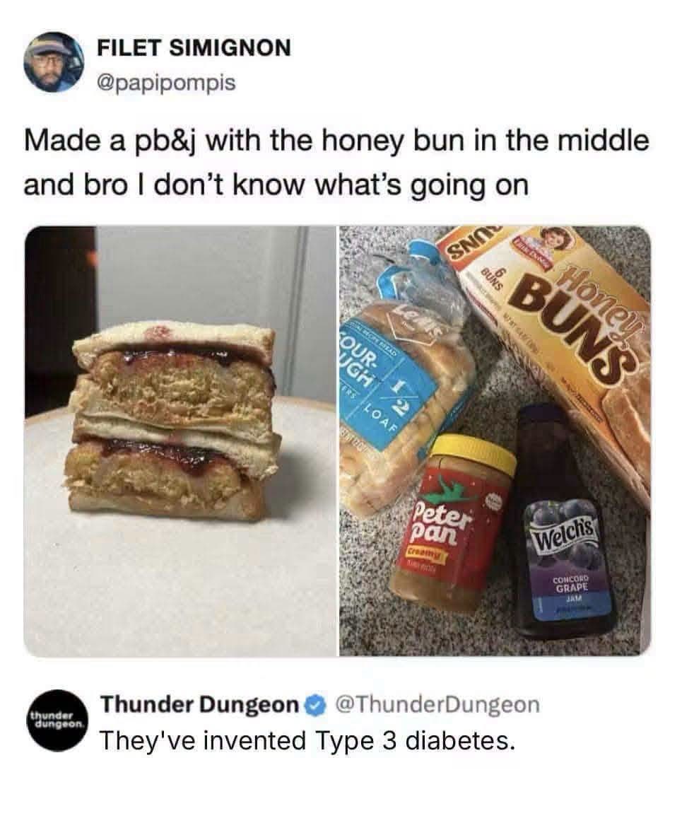 Whoa, they made a PB&J sandwich by using a honey bun instead of bread and it looks intensely sweet.
