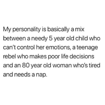 My personality is basically a mix of a needy 5 year old, a rebellious teen, and an 80 year old who needs a nap.