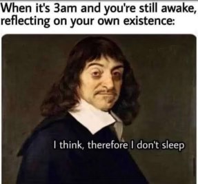 When you're up all night thinking and realize you might have invented a new philosopher: 'I think, therefore I don't sleep'