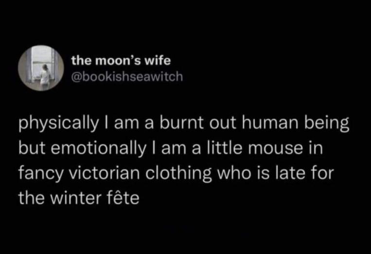 Me: physically a burnt out human, emotionally a tiny mouse in Victorian clothes running late for a party