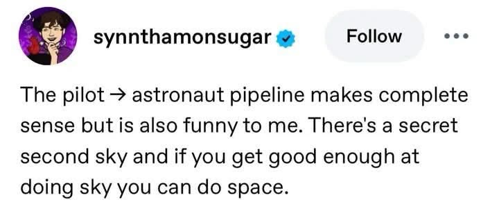 Wait, there's a whole secret sky just for pilots tryna become astronauts? And you can go to space if you're good enough at sky?
