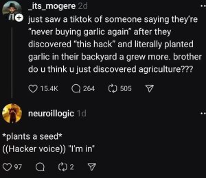 This guy really thinks planting garlic is a life hack and not just... farming?
