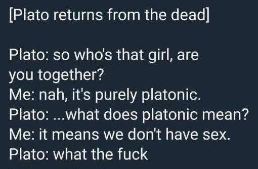Plato coming back to life just to get confused by his own philosophy